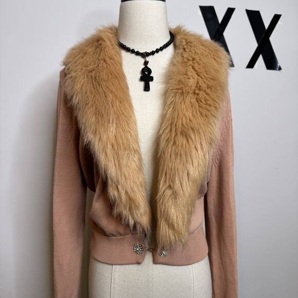 Vintage Y2K Rose Pink Faux Fur Crop Cardigan Sweater Indie Sleaze Fairy 2000s M - Picture 2 of 9